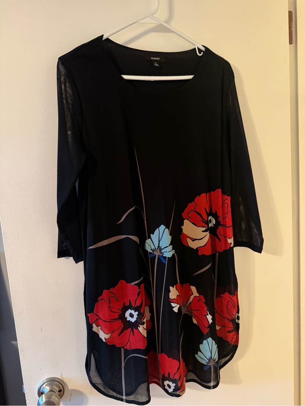 Alfani Black Tunic Top with Red & Light Blue Floral Print